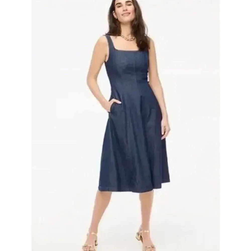 J. Crew Midi Dress Women’s Dark Blue Denim Sleeveless Pockets Sz 18 NWT